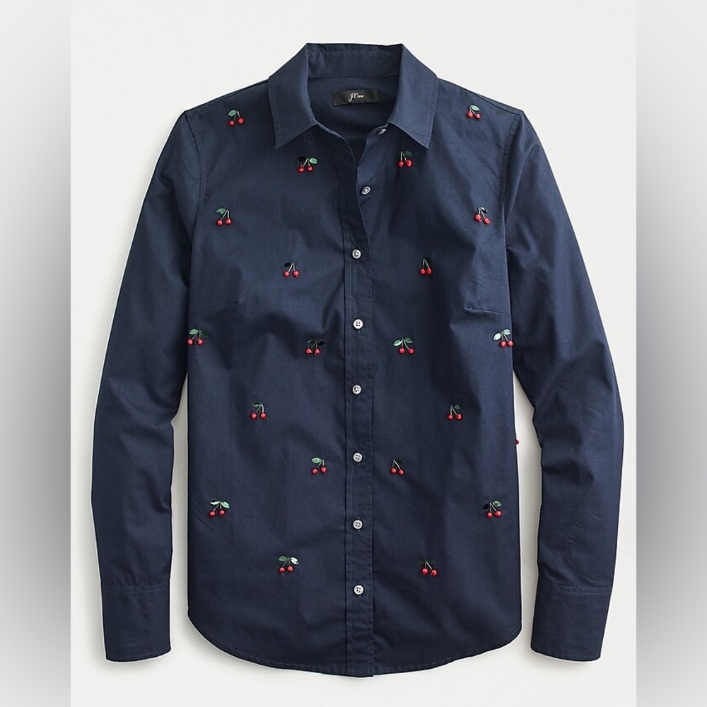 J. Crew Navy Button-Down Shirt with Red Cherry Embroidery